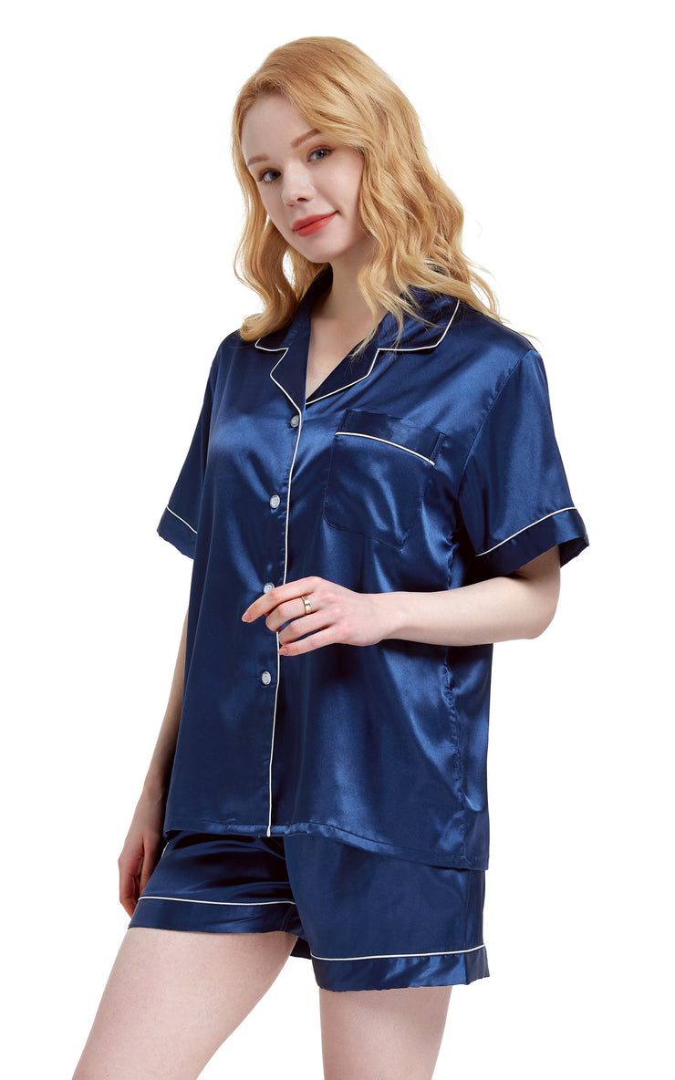 Women's Silk Satin Pajama Set Short Sleeve- Navy Blue with White Piping