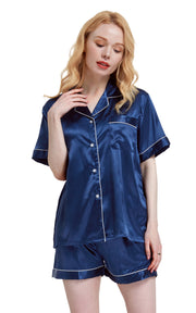 Women's Silk Satin Pajama Set Short Sleeve- Navy Blue with White Piping