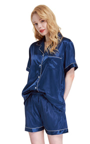 Women's Silk Satin Pajama Set Short Sleeve- Navy Blue with White Piping