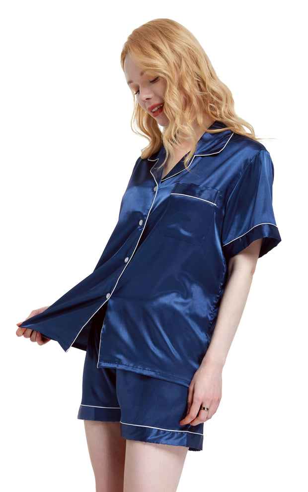 Women's Silk Satin Pajama Set Short Sleeve- Navy Blue with White Piping