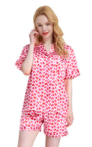 Women's Silk Satin Pajama Set Short Sleeve- Pink Hearts