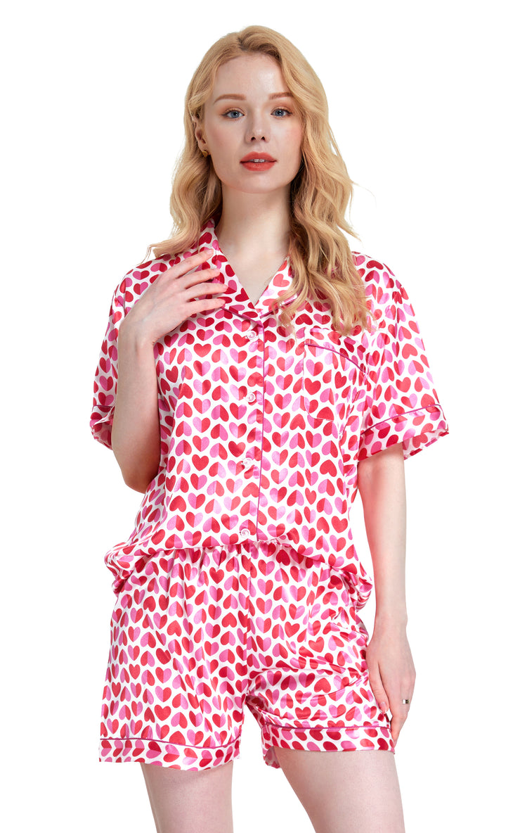 Women's Silk Satin Pajama Set Short Sleeve- Pink Hearts