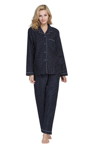 Women's Cotton Long Sleeve Flannel Pajama Set-Navy Blue with Beige Stars