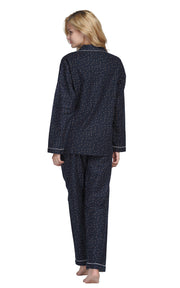 Women's Cotton Long Sleeve Flannel Pajama Set-Navy Blue with Beige Stars